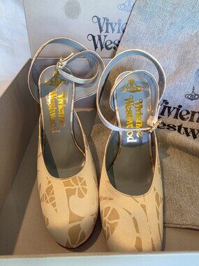 VIVIENNE WESTWOOD IVORY & GOLD PRINT PLATFORM ANKLE STRAP HEELS